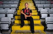1 July 2025; Bohemians new signing Douglas James-Taylor poses for a portrait during his announcement at Dalymount Park in Dublin. Photo by Ramsey Cardy/Sportsfile
