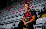1 July 2025; Bohemians new signing Douglas James-Taylor poses for a portrait during his announcement at Dalymount Park in Dublin. Photo by Ramsey Cardy/Sportsfile