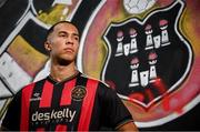 1 July 2025; Bohemians new signing Douglas James-Taylor poses for a portrait during his announcement at Dalymount Park in Dublin. Photo by Ramsey Cardy/Sportsfile