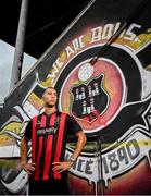 1 July 2025; Bohemians new signing Douglas James-Taylor poses for a portrait during his announcement at Dalymount Park in Dublin. Photo by Ramsey Cardy/Sportsfile