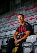 1 July 2025; Bohemians new signing Douglas James-Taylor poses for a portrait during his announcement at Dalymount Park in Dublin. Photo by Ramsey Cardy/Sportsfile