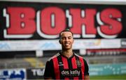 1 July 2025; Bohemians new signing Douglas James-Taylor poses for a portrait during his announcement at Dalymount Park in Dublin. Photo by Ramsey Cardy/Sportsfile