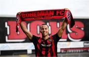 1 July 2025; Bohemians new signing Douglas James-Taylor poses for a portrait during his announcement at Dalymount Park in Dublin. Photo by Ramsey Cardy/Sportsfile