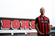 1 July 2025; Bohemians new signing Douglas James-Taylor poses for a portrait during his announcement at Dalymount Park in Dublin. Photo by Ramsey Cardy/Sportsfile