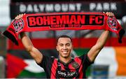 1 July 2025; Bohemians new signing Douglas James-Taylor poses for a portrait during his announcement at Dalymount Park in Dublin. Photo by Ramsey Cardy/Sportsfile