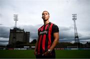 1 July 2025; Bohemians new signing Douglas James-Taylor poses for a portrait during his announcement at Dalymount Park in Dublin. Photo by Ramsey Cardy/Sportsfile