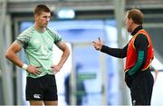 1 July 2025; Assistant coach Mike Prendergast, right, in conversation with Sam Prendergast during Ireland rugby squad training at the IRFU High Performance Centre at the Sport Ireland Campus in Dublin. Photo by Ramsey Cardy/Sportsfile