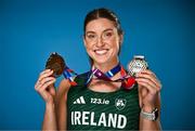 2 July 2025; Irish pentathlete Kate O'Connor poses for a portrait with her 2025 European Indoors Pentathlon Bronze and 2025 World Indoors Pentathlon Silver medals during the announcement of 123.ie's extended landmark partnership with Athletics Ireland—now running through to the end of 2030 as part of a multi-year, six-figure deal. For more information, visit www.athleticsireland.ie. Photo by Sam Barnes/Sportsfile