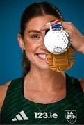 2 July 2025; Irish pentathlete Kate O'Connor poses for a portrait with her 2025 European Indoors Pentathlon Bronze and 2025 World Indoors Pentathlon Silver medals during the announcement of 123.ie's extended landmark partnership with Athletics Ireland—now running through to the end of 2030 as part of a multi-year, six-figure deal. For more information, visit www.athleticsireland.ie. Photo by Sam Barnes/Sportsfile