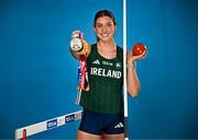 2 July 2025; Irish pentathlete Kate O'Connor poses for a portrait with her 2025 European Indoors Pentathlon Bronze and 2025 World Indoors Pentathlon Silver medals during the announcement of 123.ie's extended landmark partnership with Athletics Ireland—now running through to the end of 2030 as part of a multi-year, six-figure deal. For more information, visit www.athleticsireland.ie. Photo by Sam Barnes/Sportsfile