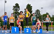 2 July 2025; In attendance at Morton Stadium in Dublin are, from left, Schools athlete Sean Doggett of Coláiste an Eachreidh, Galway, U23 athlete Oisin Joyce of Lake District AC, Mayo, Master athlete Carol Kearney of Lucan Harriers AC, Dublin, Senior athlete Reece Ademola of Leevale AC, Cork, Juvenile athlete Molly Daly of Kilkenny City Harriers AC, Senior Irish International athlete Cillín Greene, U20 athlete Cian Crampton of Edenderry AC, Offaly, and Senior athlete Lara O'Byrne of Donore Harriers, Dublin, during the announcement of 123.ie’s extended landmark partnership with Athletics Ireland—now running through to the end of 2030 as part of a multi-year, six-figure deal. For more information, visit www.athleticsireland.ie. Photo by Sam Barnes/Sportsfile