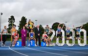 2 July 2025; In attendance at Morton Stadium in Dublin are, from left, Senior athlete Lara O'Byrne of Donore Harriers, Dublin, U23 athlete Oisin Joyce of Lake District AC, Mayo, Master athlete Carol Kearney of Lucan Harriers AC, Dublin, 123.ie Managing Director Elaine Robinson, Juvenile athlete Molly Daly of Kilkenny City Harriers AC, Schools athlete Sean Doggett of Coláiste an Eachreidh, Galway, Athletics Ireland Chief Executive Officer Hamish Adams, U20 athlete Cian Crampton of Edenderry AC, Offaly, and Senior Irish International athlete Cillín Greene with Summer camp attendees Darragh Smith, Freya Hoey and Sean Kavanagh, during the announcement of 123.ie’s extended landmark partnership with Athletics Ireland—now running through to the end of 2030 as part of a multi-year, six-figure deal. For more information, visit www.athleticsireland.ie. Photo by Sam Barnes/Sportsfile