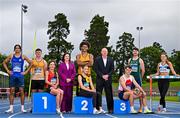 2 July 2025; In attendance at Morton Stadium in Dublin are, from left, Schools athlete Sean Doggett of Coláiste an Eachreidh, Galway, U23 athlete Oisin Joyce of Lake District AC, Mayo, Master athlete Carol Kearney of Lucan Harriers AC, Dublin, 123.ie Managing Director Elaine Robinson, Senior athlete Reece Ademola of Leevale AC, Cork, Juvenile athlete Molly Daly of Kilkenny City Harriers AC, Athletics Ireland Chief Executive Officer Hamish Adams, U20 athlete Cian Crampton of Edenderry AC, Offaly, Senior Irish International athlete Cillín Greene and Senior athlete Lara O'Byrne of Donore Harriers, Dublin, during the announcement of 123.ie’s extended landmark partnership with Athletics Ireland—now running through to the end of 2030 as part of a multi-year, six-figure deal. For more information, visit www.athleticsireland.ie. Photo by Sam Barnes/Sportsfile