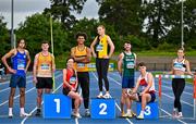 2 July 2025; In attendance at Morton Stadium in Dublin are, from left, Schools athlete Sean Doggett of Coláiste an Eachreidh, Galway, U23 athlete Oisin Joyce of Lake District AC, Mayo, Master athlete Carol Kearney of Lucan Harriers AC, Dublin, Senior athlete Reece Ademola of Leevale AC, Cork, Juvenile athlete Molly Daly of Kilkenny City Harriers AC, Senior Irish International athlete Cillín Greene, U20 athlete Cian Crampton of Edenderry AC, Offaly, and Senior athlete Lara O'Byrne of Donore Harriers, Dublin, during the announcement of 123.ie’s extended landmark partnership with Athletics Ireland—now running through to the end of 2030 as part of a multi-year, six-figure deal. For more information, visit www.athleticsireland.ie. Photo by Sam Barnes/Sportsfile
