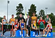 2 July 2025; In attendance at Morton Stadium in Dublin, are, from left, Senior athlete Lara O'Byrne of Donore Harriers, Dublin, U23 athlete Oisin Joyce of Lake District AC, Mayo, Master athlete Carol Kearney of Lucan Harriers AC, Dublin, 123.ie Marketing Executive Alex Burke, Schools athlete Sean Doggett of Coláiste an Eachreidh, Galway, 123.ie Marketing Director Conor Byrne, Senior athlete Reece Ademola of Leevale AC, Cork, Juvenile athlete Molly Daly of Kilkenny City Harriers AC, 123.ie Brand and Sponsorship Manager Michelle Molloy, Senior Irish International athlete Cillín Greene and U20 athlete Cian Crampton of Edenderry AC, Offaly, during the announcement of 123.ie’s extended landmark partnership with Athletics Ireland—now running through to the end of 2030 as part of a multi-year, six-figure deal. For more information, visit www.athleticsireland.ie. Photo by Sam Barnes/Sportsfile