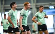 1 July 2025; Jimmy O’Brien, left, and Ciaran Frawley during Ireland rugby squad training at the IRFU High Performance Centre at the Sport Ireland Campus in Dublin. Photo by Ramsey Cardy/Sportsfile