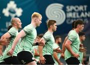 1 July 2025; Jacob Stockdale, left, Jamie Osborne, centre, and Jack Crowley during Ireland rugby squad training at the IRFU High Performance Centre at the Sport Ireland Campus in Dublin. Photo by Ramsey Cardy/Sportsfile