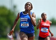 21 June 2025; Destiny Lawal of Castletroy College, representing Munster, on her way to winning the girls 100m during the 123.ie Irish Schools Athletics Association Tailteann Games at SETU Campus in Carlow. Photo by Sam Barnes/Sportsfile