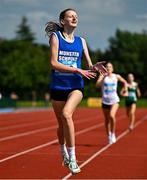 21 June 2025; Ciara Rohan of Waterpark College, representing Munster, celebrates winning the girls 1500m during the 123.ie Irish Schools Athletics Association Tailteann Games at SETU Campus in Carlow. Photo by Sam Barnes/Sportsfile