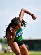 21 June 2025; Hannele Raji of St Oliver's Drogheda, representing Leinster, competes in the girls shot put during the 123.ie Irish Schools Athletics Association Tailteann Games at SETU Campus in Carlow. Photo by Sam Barnes/Sportsfile