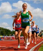 21 June 2025; Emma Hickey of St Mary's New Ross, representing Leinster, competes in the girls 300m  during the 123.ie Irish Schools Athletics Association Tailteann Games at SETU Campus in Carlow. Photo by Sam Barnes/Sportsfile