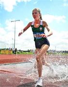 21 June 2025; Rachel Keaney of Newbridge College, representing Leinster, competes in the girls 1500m steeplechase during the 123.ie Irish Schools Athletics Association Tailteann Games at SETU Campus in Carlow. Photo by Sam Barnes/Sportsfile