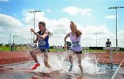21 June 2025; Emille McElvaney of Loreto Fermoy, representing Munster, left, and Annabelle McKenzie of Enniskillen Royal GS, representing Ulster, compete in the girls 1500m steeplechase during the 123.ie Irish Schools Athletics Association Tailteann Games at SETU Campus in Carlow. Photo by Sam Barnes/Sportsfile