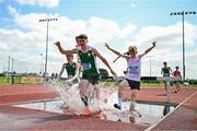 21 June 2025; Athletes including, from left, Ronan Keaney of Patrician SS Newbridge, representing Leinster, Patrick Duffy of Colaiste Cholm Tullamore, representing Leinster, and Paraic McGettigan of St Columbas Stranorlar, representing Ulster, compete in the boys 1500m steeplechase during the 123.ie Irish Schools Athletics Association Tailteann Games at SETU Campus in Carlow. Photo by Sam Barnes/Sportsfile
