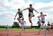 21 June 2025; Athletes including, from left, Ronan Keaney of Patrician SS Newbridge, representing Leinster, Patrick Duffy of Colaiste Cholm Tullamore, representing Leinster, and Paraic McGettigan of St Columbas Stranorlar, representing Ulster, compete in the boys 1500m steeplechase during the 123.ie Irish Schools Athletics Association Tailteann Games at SETU Campus in Carlow. Photo by Sam Barnes/Sportsfile