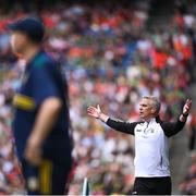 29 June 2025; Galway manager Padraic Joyce, right, and Meath manager Robbie Brennan during the GAA Football All-Ireland Senior Championship quarter-final match between Meath and Galway at Croke Park in Dublin. Photo by Shauna Clinton/Sportsfile