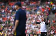 29 June 2025; Galway manager Padraic Joyce, right, and Meath manager Robbie Brennan during the GAA Football All-Ireland Senior Championship quarter-final match between Meath and Galway at Croke Park in Dublin. Photo by Shauna Clinton/Sportsfile