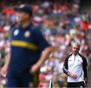 29 June 2025; Galway manager Padraic Joyce, right, and Meath manager Robbie Brennan during the GAA Football All-Ireland Senior Championship quarter-final match between Meath and Galway at Croke Park in Dublin. Photo by Shauna Clinton/Sportsfile