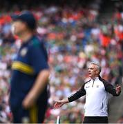 29 June 2025; Galway manager Padraic Joyce, right, and Meath manager Robbie Brennan during the GAA Football All-Ireland Senior Championship quarter-final match between Meath and Galway at Croke Park in Dublin. Photo by Shauna Clinton/Sportsfile