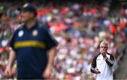29 June 2025; Galway manager Padraic Joyce, right, and Meath manager Robbie Brennan during the GAA Football All-Ireland Senior Championship quarter-final match between Meath and Galway at Croke Park in Dublin. Photo by Shauna Clinton/Sportsfile