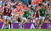 29 June 2025; Jordan Morris of Meath, centre, celebrates a score during the GAA Football All-Ireland Senior Championship quarter-final match between Meath and Galway at Croke Park in Dublin. Photo by Shauna Clinton/Sportsfile