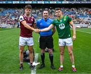 29 June 2025; Galway captain Sean Kelly, left, and Meath captain Eoghan Frayne, right, shake hands in front of referee Martin McNally before the GAA Football All-Ireland Senior Championship quarter-final match between Meath and Galway at Croke Park in Dublin. Photo by Shauna Clinton/Sportsfile