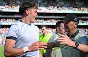 29 June 2025; David Clifford of Kerry celebrates with manager Jack O'Connor after the GAA Football All-Ireland Senior Championship quarter-final match between Armagh and Kerry at Croke Park in Dublin. Photo by Shauna Clinton/Sportsfile