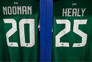 29 June 2025; A general view of the jersey's assigned to Republic of Ireland players Saoirse Noonan and Erin Healy in their dressing room before the women's international friendly match between the USA and Republic of Ireland at TQL Stadium in Cincinnati, Ohio, USA. Photo by Stephen McCarthy/Sportsfile
