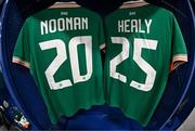29 June 2025; A general view of the jersey's assigned to Republic of Ireland players Saoirse Noonan and Erin Healy in their dressing room before the women's international friendly match between the USA and Republic of Ireland at TQL Stadium in Cincinnati, Ohio, USA. Photo by Stephen McCarthy/Sportsfile