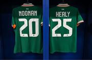 29 June 2025; A general view of the jersey's assigned to Republic of Ireland players Saoirse Noonan and Erin Healy in their dressing room before the women's international friendly match between the USA and Republic of Ireland at TQL Stadium in Cincinnati, Ohio, USA. Photo by Stephen McCarthy/Sportsfile