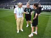 29 June 2025; Republic of Ireland head coach Carla Ward with assistant coach Charlotte Healy and assistant coach Amber Whiteley, right, during the women's international friendly match between the USA and Republic of Ireland at TQL Stadium in Cincinnati, Ohio, USA. Photo by Stephen McCarthy/Sportsfile
