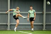 1 July 2025; Hugh Gavin, left, and Sam Prendergast during Ireland rugby squad training at the IRFU High Performance Centre at the Sport Ireland Campus in Dublin. Photo by Ramsey Cardy/Sportsfile