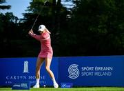 2 July 2025; Former Republic of Ireland international Stephanie Zambra plays her tee shot on the first hole during the Pro Am ahead of the 2025 KPMG Women’s Irish Open Golf Championship at Carton House Golf Club in Maynooth, Kildare. Photo by Seb Daly/Sportsfile