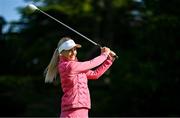 2 July 2025; Content creator Nathalie Lennon watches her tee shot on the first hole during the Pro Am ahead of the 2025 KPMG Women’s Irish Open Golf Championship at Carton House Golf Club in Maynooth, Kildare. Photo by Seb Daly/Sportsfile