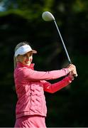 2 July 2025; Content creator Nathalie Lennon watches her tee shot on the first hole during the Pro Am ahead of the 2025 KPMG Women’s Irish Open Golf Championship at Carton House Golf Club in Maynooth, Kildare. Photo by Seb Daly/Sportsfile