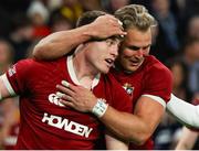 2 July 2025; Tommy Freeman of British & Irish Lions, left, celebrates with team mate Duhan van der Merwe after scoring their side's first try during the tour match between Queensland Reds and the British & Irish Lions at Suncorp Stadium in Brisbane, Australia. Photo by Steve Christo/Sportsfile