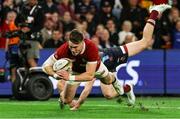 2 July 2025; Tommy Freeman of British & Irish Lions scores his side's first try during the tour match between Queensland Reds and the British & Irish Lions at Suncorp Stadium in Brisbane, Australia. Photo by Steve Christo/Sportsfile