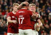 2 July 2025; Jac Morgan of British & Irish Lions, right, is congratulated by team mates after scoring their side's fifth try during the tour match between Queensland Reds and the British & Irish Lions at Suncorp Stadium in Brisbane, Australia. Photo by Steve Christo/Sportsfile