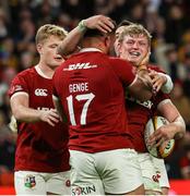 2 July 2025; Jac Morgan of British & Irish Lions, right, is congratulated by team mates after scoring their side's fifth try during the tour match between Queensland Reds and the British & Irish Lions at Suncorp Stadium in Brisbane, Australia. Photo by Steve Christo/Sportsfile
