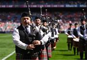 29 June 2025; The St Joseph's Pipe Band from Clondalkin in Dublin performing at half-time in the GAA Football All-Ireland Senior Championship quarter-final match between Meath and Galway at Croke Park in Dublin. Photo by Piaras Ó Mídheach/Sportsfile